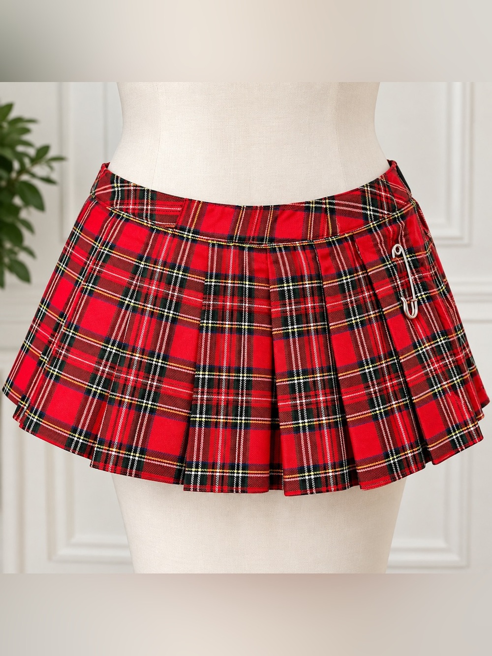 Red Tartan Plaid Pleated Mini Skirt Punk Safety Pin Low Rise Unbranded
